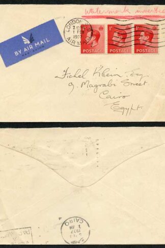 KEVIII 1d Strip of Three wmk INVERTED on Airmail Cover to Egypt