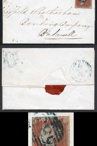 1841 Penny Red (OI) with a 583 (Nottingham) cancel in BLUE GREEN Cat 750 pounds