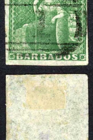 Barbados SG8 1855 1/2d Green on White Paper Four Margins (just) Cat 150