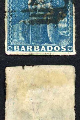 Barbados SG10 1855 1d Deep Blue on White Paper Four Margins Cat 60