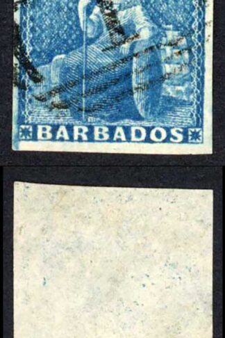 Barbados SG10 1855 1d Deep Blue on White Paper Four Margins Cat 60