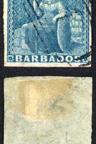 Barbados SG10 1855 1d Deep Blue on White Paper Four Margins Cat 60