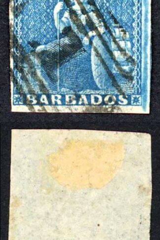 Barbados SG10 1855 1d Deep Blue on White Paper Four Margins Cat 60