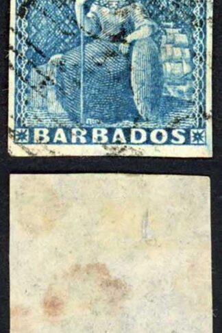 Barbados SG10 1855 1d Deep Blue on White Paper Four Margins Cat 60