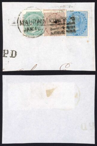 India SG71 4a Blue-green Die 2 and SG59 1a brown and 1/2a blue on piece