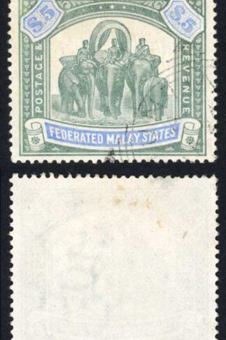 Federated Malay States SG25a Five Dollar Green and Pale Ultramarine Crown CC