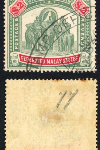 Federated Malay States SG49 Two Dollars Green and Carmine Wmk Mult CA