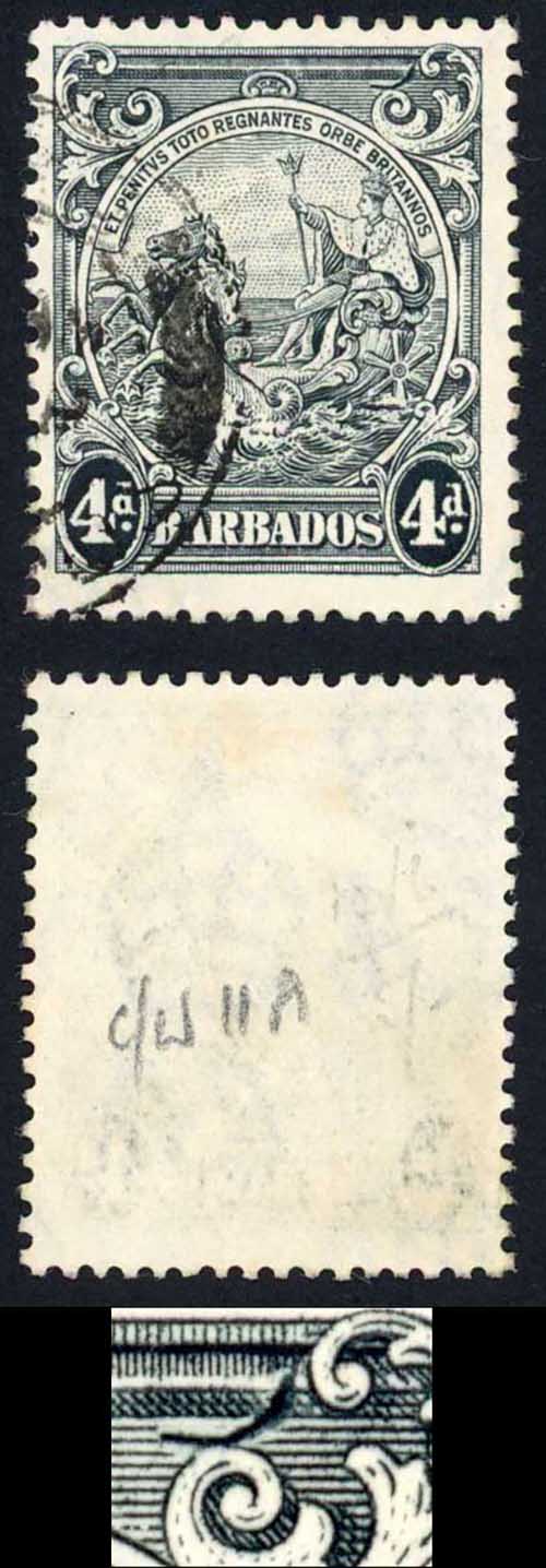 Barbados SG253b 4d Perf 13.5 x 13 Variety Curved line Fine used