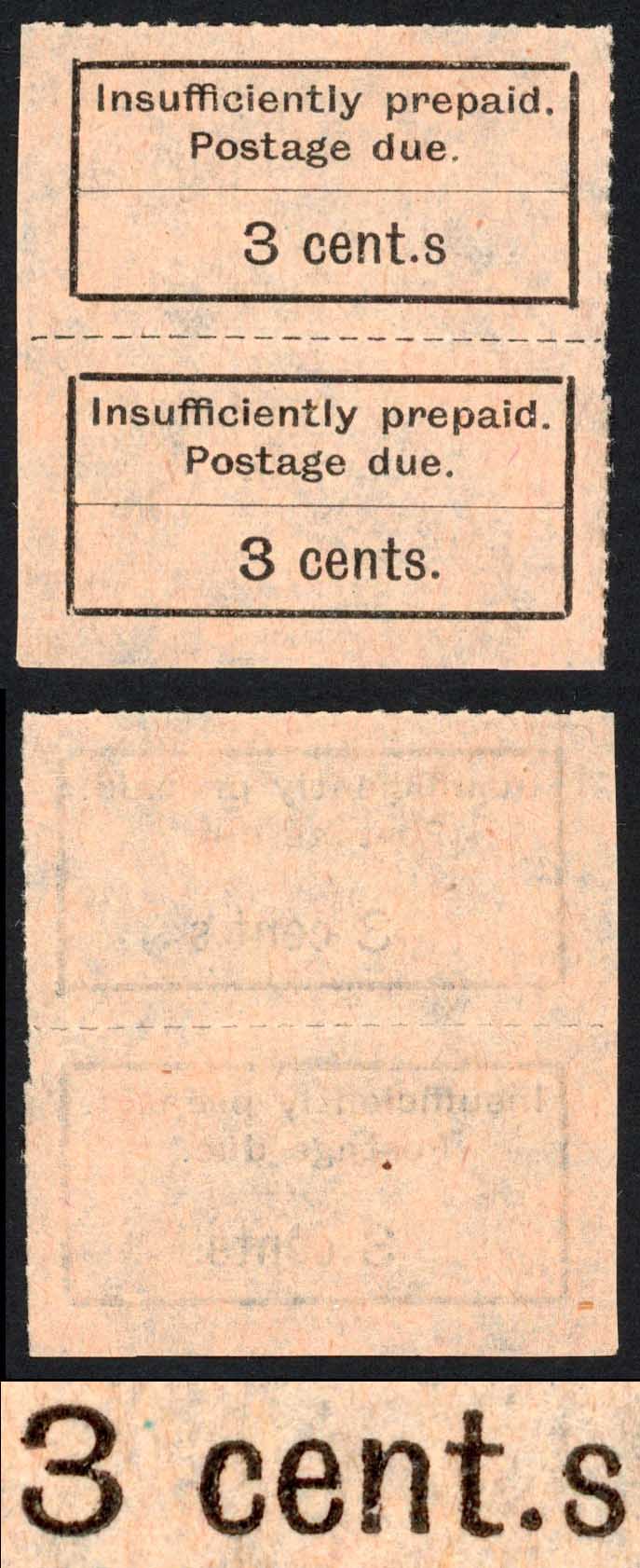 Zanzibar SGD3/3a 3c Post Due pair top stamp Variety CENT.S