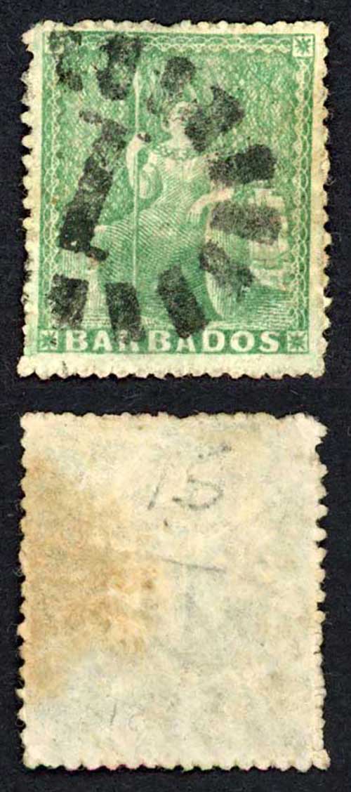 Barbados SG21 1861 (1/2d) Green No wmk Rough Perf 14 to 16 Fine used