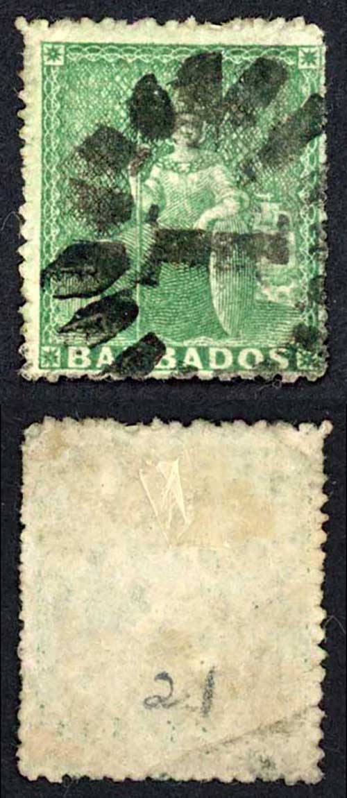 Barbados SG20 1861 (1/2d) Deep Green No wmk Rough Perf 14 to 16 Fine used
