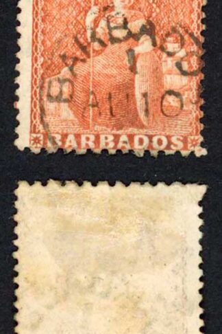 Barbados SG57 4d Dull Vermilion wmk Small Star Perf 11 to 13 x 14.5 to 15.5