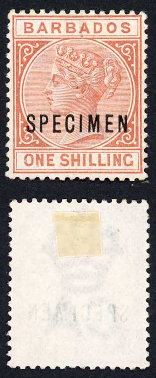 Barbados SG102 1/- Chestnut Un-used opt SPECIMEN