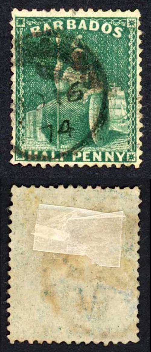 Barbados SG58 (1/2d) green wmk small star clean-cut perfs 14.5 to 15.5