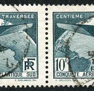 France SG554 1936 10f 100th Flight France to S. America Fine used PAIR