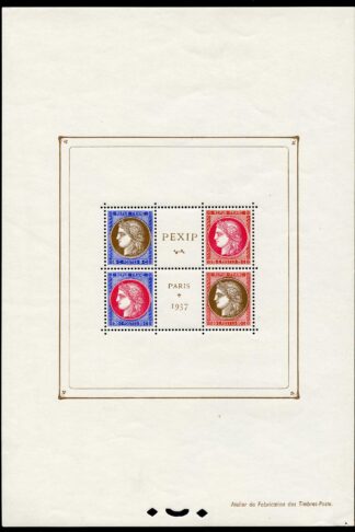 1937 France International Philatelic Exhibition miniature sheet of 4 (SG MS581)
