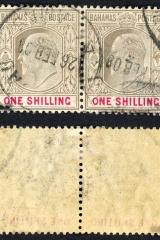 Bahamas SG68 1902 1/- Brownish grey and Carmine wmk Crown CA Fine used PAIR