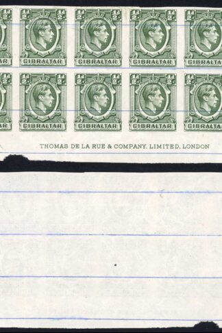 Gibraltar SG121 KGVI 1/2d Green Printers Proof IMPERF on No Wmk Blue-Lined paper