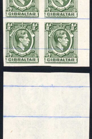Gibraltar SG121 KGVI 1/2d Green Printers Proof IMPERF on No Wmk Blue-Lined paper