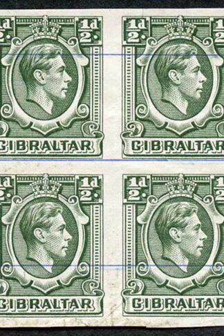 Gibraltar SG121 KGVI 1/2d Green Printers Proof IMPERF on No Wmk Blue-Lined paper