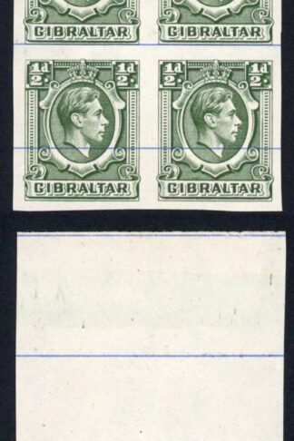 Gibraltar SG121 KGVI 1/2d Green Printers Proof IMPERF on No Wmk Blue-Lined paper