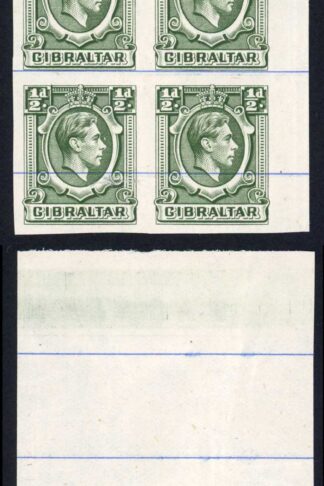 Gibraltar SG121 KGVI 1/2d Green Printers Proof IMPERF on No Wmk Blue-Lined paper