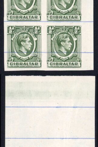 Gibraltar SG121 KGVI 1/2d Green Printers Proof IMPERF on No Wmk Blue-Lined paper
