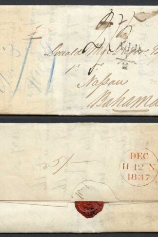 Bahamas Dec 1837 Entire from London to Nassau rated 2/3 in m/s with Add 1/2d pmk