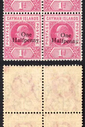 Cayman Is SG17 KEVII One Halfpenny on 1d carmine m/m BLOCK of FOUR