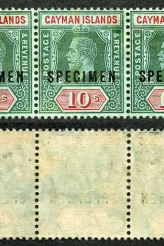 Cayman Is SG52bs 10/- STRIP of THREE Opt SPECIMEN (small part gum)