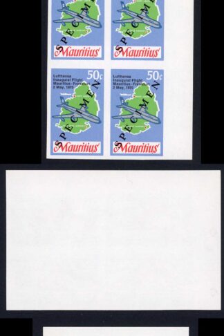 Mauritius SG415/6var 1970 Lufthansa Set opt SPECIMEN in IMPERF Blocks of Four U