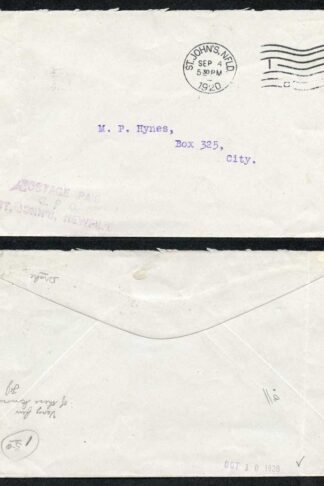 NEWFOUNDLAND 1920 Violet PROVISIONAL H/S POSTAGE PAID/GPO/ST JOHN S NEWFL D