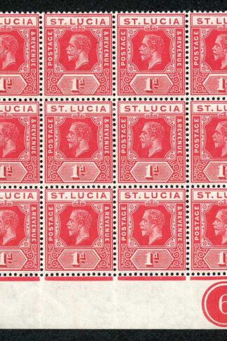 St Lucia SG79b 1912-21 Wmk MCA 1d rose-red block of 18 plate number 6 U/M