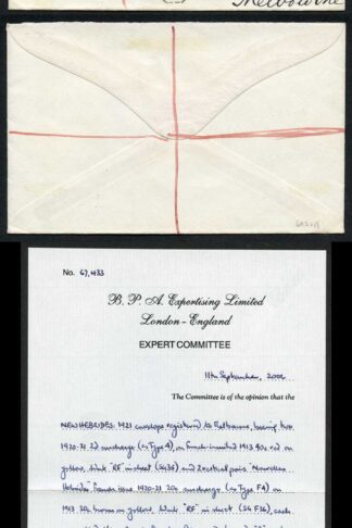 NEW HEBRIDES SG35 F36 1920-21 2d on 40c red/yellow Wmk RF IN SHEET x 2 on COVER
