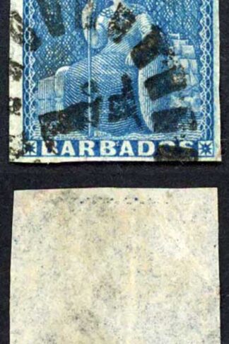 Barbados SG4 (1d) Deep Blue Blued Paper 4 Margin (vertical crease) Cat 70 pounds