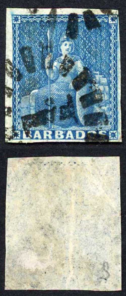 Barbados SG4 (1d) Deep Blue Blued Paper 4 Margin (vertical crease) Cat 70 pounds
