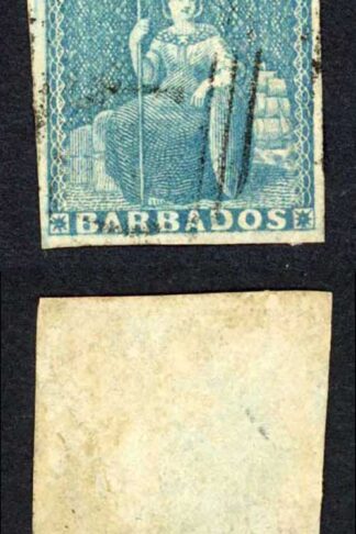Barbados SG9 1d Pale Blue white paper 4 margins Cat 70 pounds