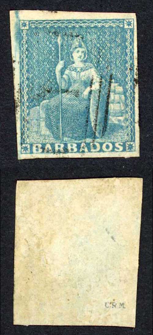 Barbados SG9 1d Pale Blue white paper 4 margins Cat 70 pounds