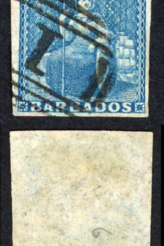 Barbados SG9 1d Pale Blue white paper 4 margins Cat 70 pounds