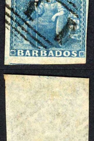 Barbados SG9 1d Pale Blue white paper 4 margins Cat 70 pounds