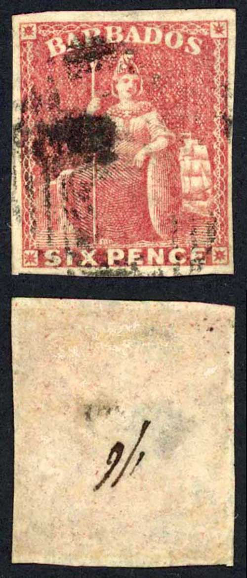 Barbados SG11 6d Pale rose-red 4 margins Cat 120 pounds