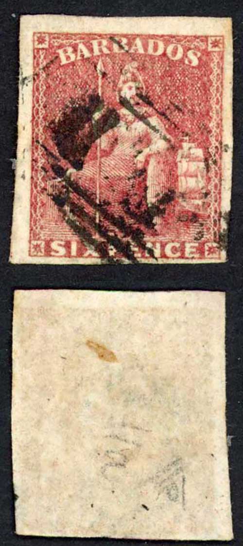 Barbados SG11 6d Pale rose-red 4 margins Cat 120 pounds