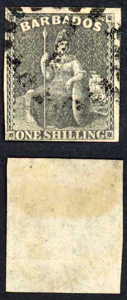 Barbados SG12 1/- Brown Black 4 margins Cat 110 pounds