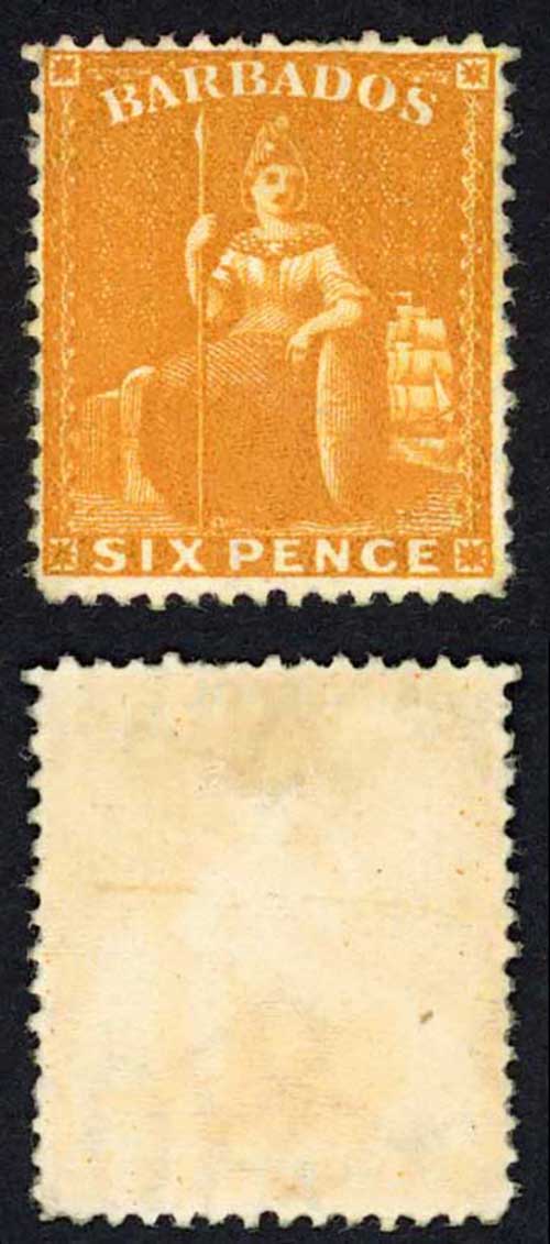 Barbados SG79 6d Chrome-yellow perf 14 wmk Crown CC M/Mint Cat 150 pounds