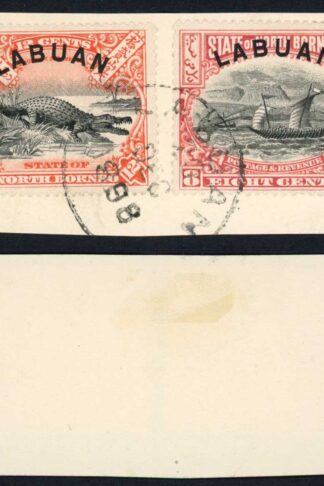 Labuan SG94a 8c Rose-red Perf 14.5 and SG95a 12c Perf 15 on Piece
