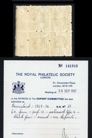 Queensland 1895 6d Green Perf 13 Reprint Fine Mint Marginal Block RPS cert