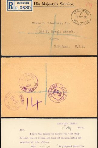 Ascension 1937 Stampless Registered Cover
