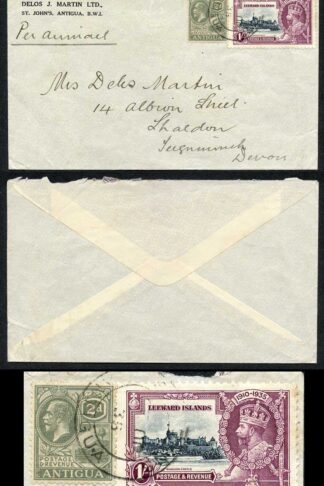 Leeward is SG91 1935 1/- jubilee and Antigua 2d used on commercial cover