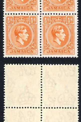 Jamaica SG121b 1/2d Orange A BLOCK of FOUR U/M