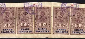 India KGV 10R Share Transfer Revenue Stamps x 9 plus others on piece